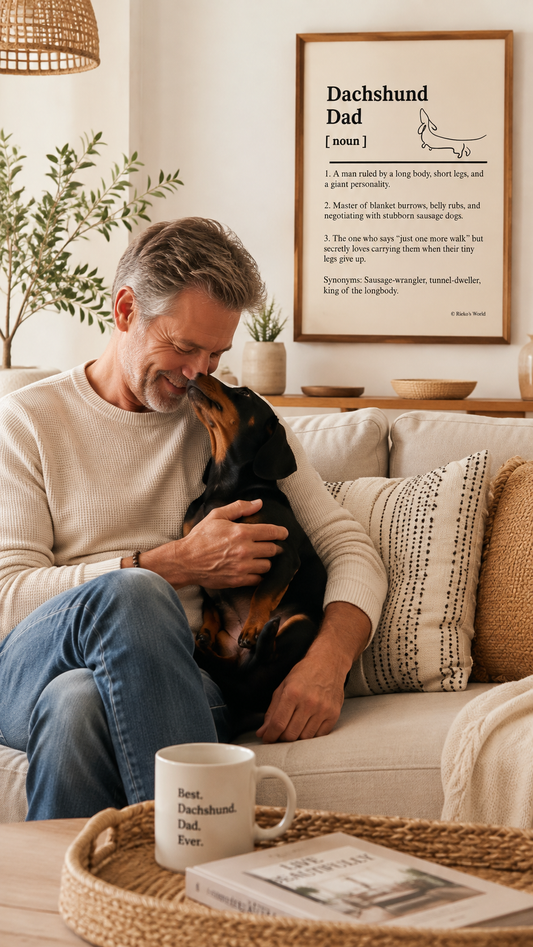 A man sits on a beige sofa in a cozy living room, petting a black and tan Dachshund. A framed print titled 'Dachshund Dad' hangs on the wall behind them, and a coffee mug with the text 'Best Dachshund Dad Ever' sits on a woven tray in the foreground.