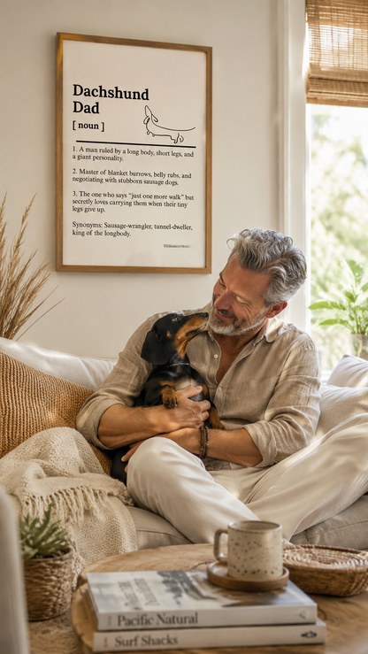 A man in a beige shirt and white pants sits on a couch in a bright living room, holding a black and tan dog. On the wall above him is a framed print titled 'Dachshund Dad' with a dictionary-style definition and a simple line drawing of a dog.