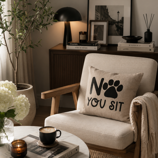Cozy living room with a chair featuring a pillow with text, a table with a cup and books, and decorative items.