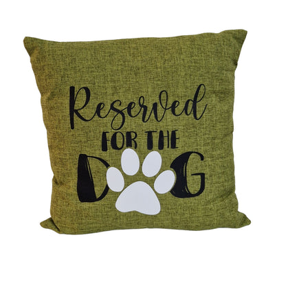 Close up of green cushion cover product image on white background with Reserved for the Dog printed in Australia for gift made by Rieko's World.
