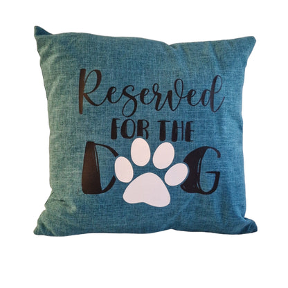 Close up of teal cushion cover product image on white background with Reserved for the Dog printed in Australia made by Rieko's World.