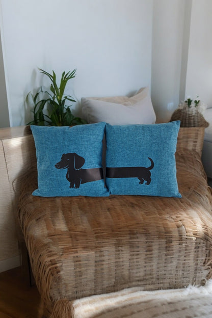Teal dachshund split cushion cover set on wicker rattan bench — colourful sausage dog home decor gift Australia by Rieko's World