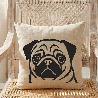 Pug cushion cover natural oatmeal on rustic white washed wooden chair with boho macramé backdrop — pug mum gift Australia by Rieko's World