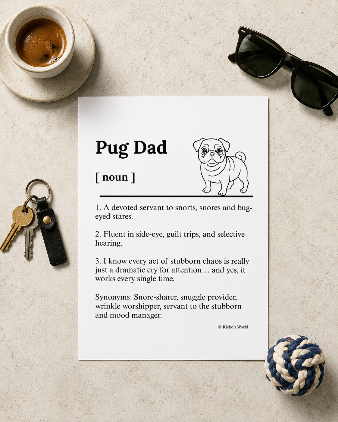 Pug Dad  Dog Dad Dog Mum Definition print, digital download wall art for dog mums and dog dads Australia | Rieko's World