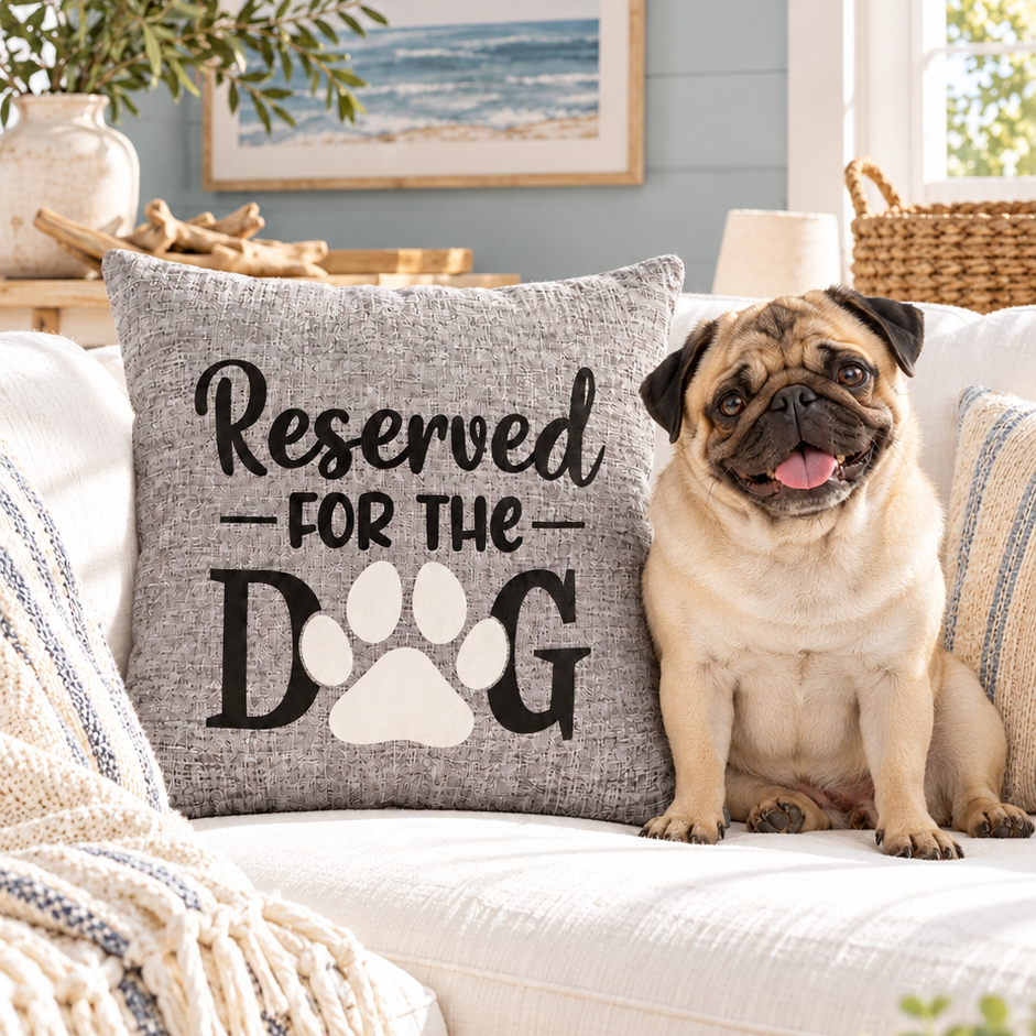 Pug leaning on grey reserved for the dog cushion