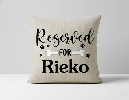 Personalised beige Reserved For dog name cushion  — custom personalised dog cushion gift Australia by Rieko's World