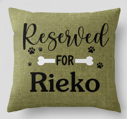 Green Personalised beige Reserved For dog name cushion  — custom personalised dog cushion gift Australia by Rieko's World with paw prints.