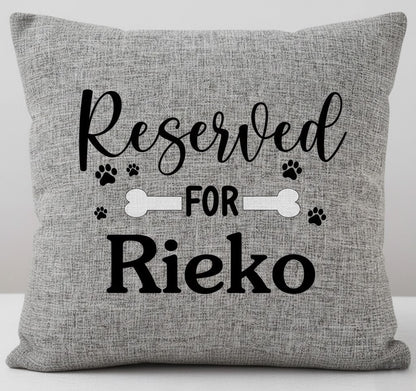 Personalised grey Reserved For dog name cushion  with paw prints and bone — custom personalised dog cushion gift Australia by Rieko's World