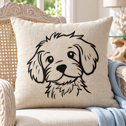 Cavoodle natural cushion cover on French carved armchair in bright coastal room with garden view - Cavoodle home decor gift by Rieko's World Australia