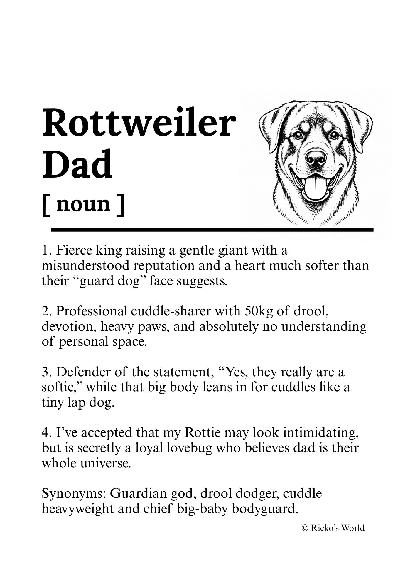 Rottweiler Dad Dog Mum Definition print, digital download wall art for dog mums Australia | Rieko's World
