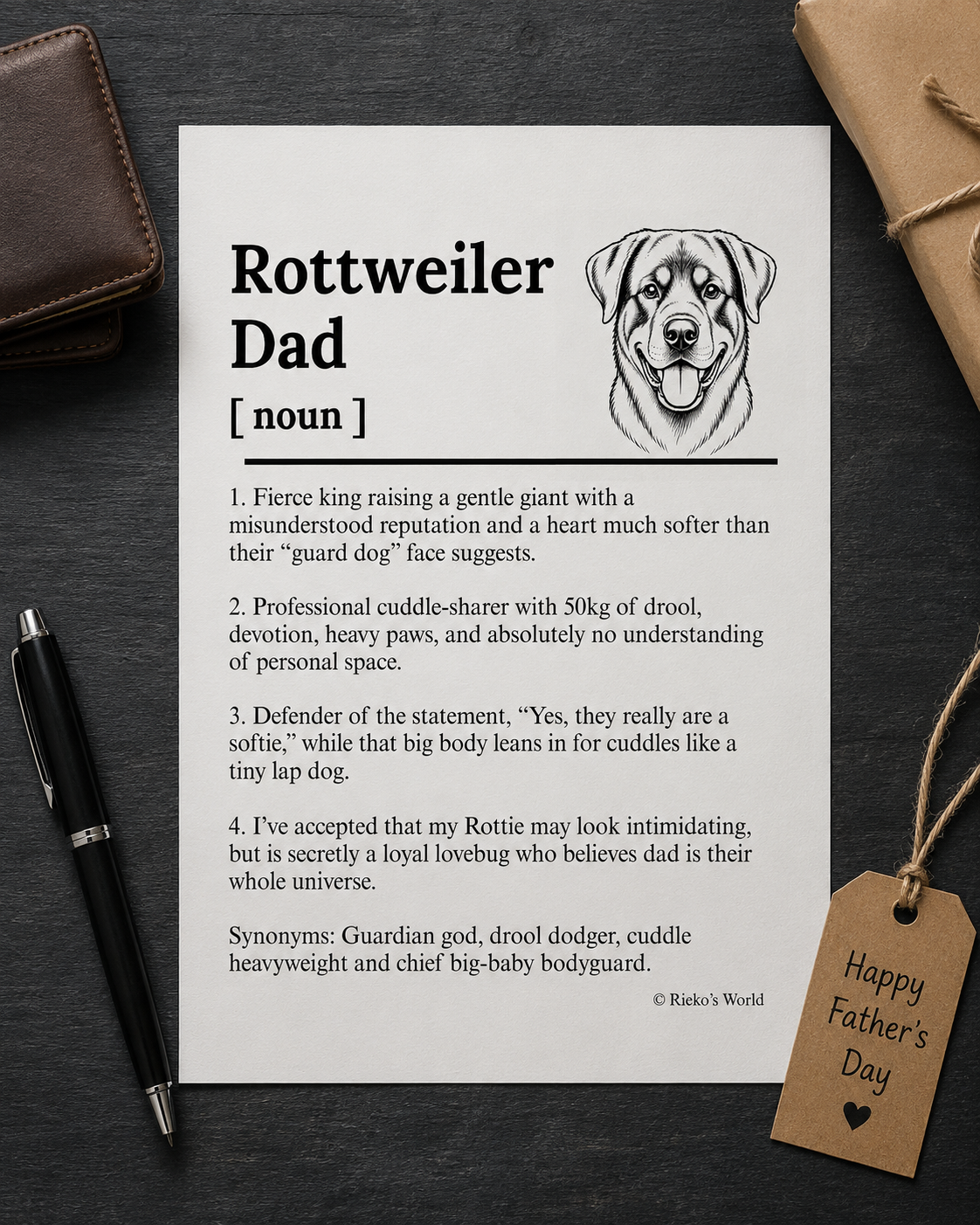 Rottweiler Dog Dad Dog Mum Definition print, digital download wall art for dog mums and dog dads Australia | Rieko's World