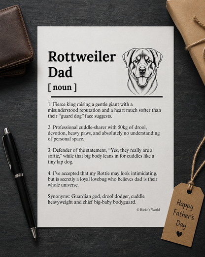 Rottweiler Dog Dad Dog Mum Definition print, digital download wall art for dog mums and dog dads Australia | Rieko's World