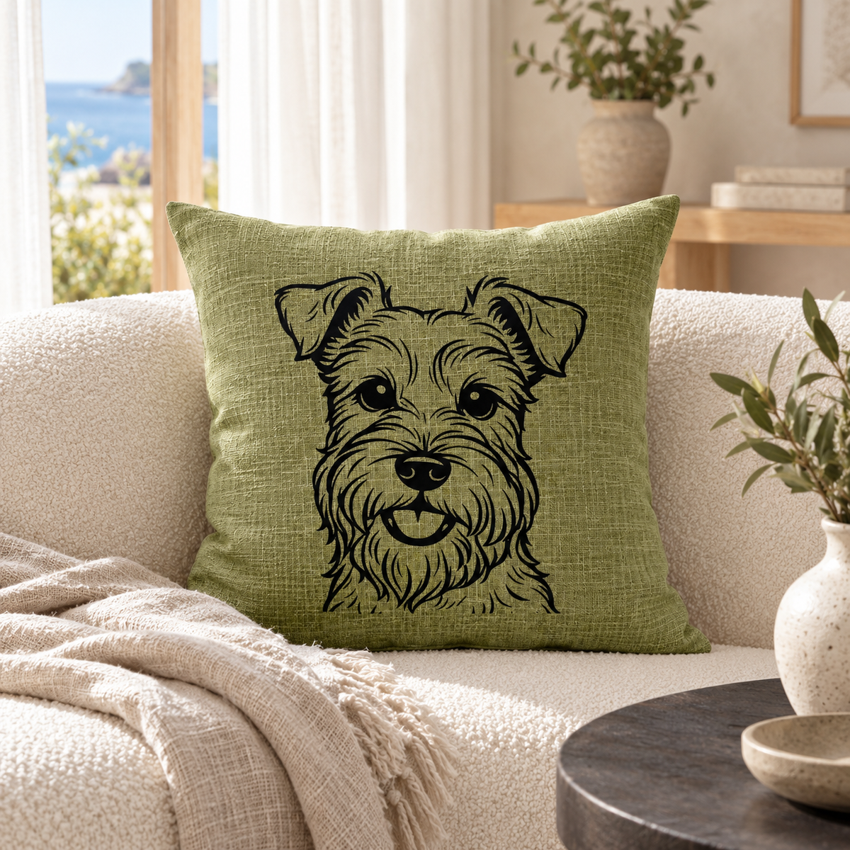 Schnauzer dog cushion in green linen look colour styled on a sofa in a bright living room.