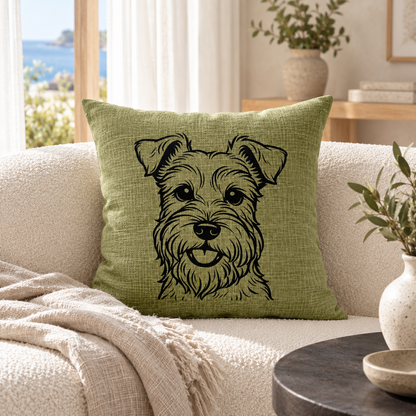 Schnauzer dog cushion in green linen look colour styled on a sofa in a bright living room.