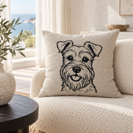 Schnauzer dog cushion in natural linen styled on a sofa in a bright living room.
