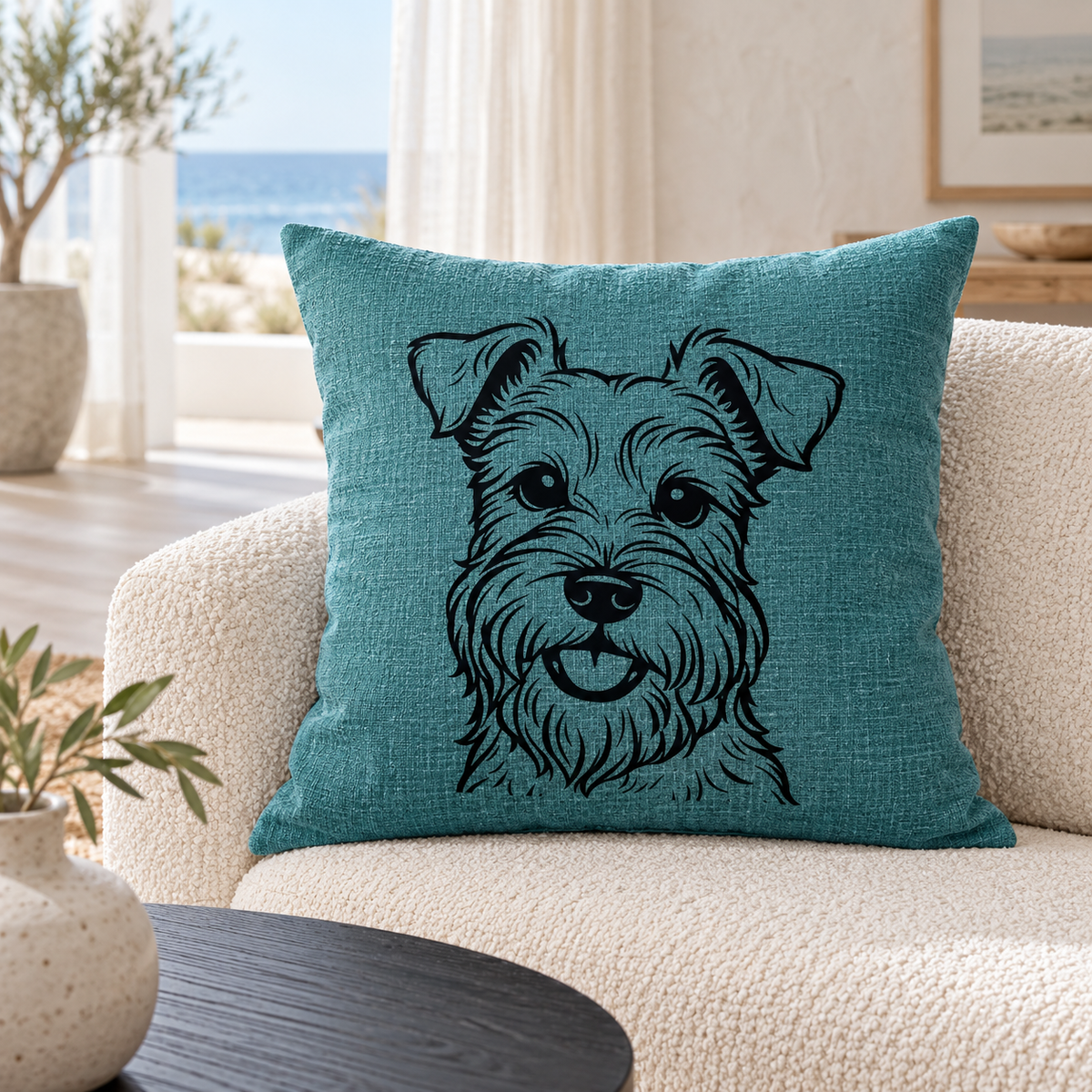 Schnauzer dog cushion in teal linen look colour styled on a sofa in a bright living room.