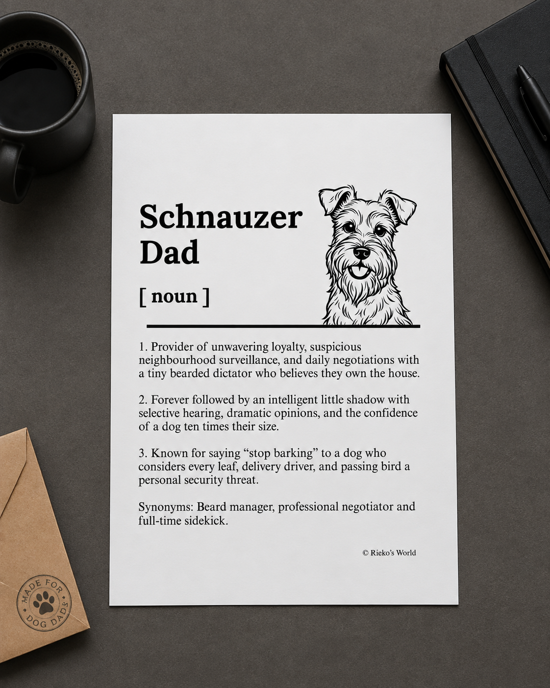 Schnauzer Dog Dad Dog Mum Definition print, digital download wall art for dog mums and dog dads Australia | Rieko's World