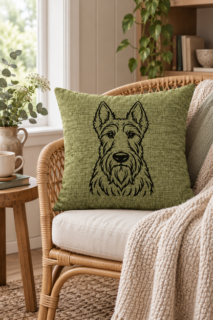 Scottish Terrier outline cushion cover in green on a light country setting on rattan lounge.