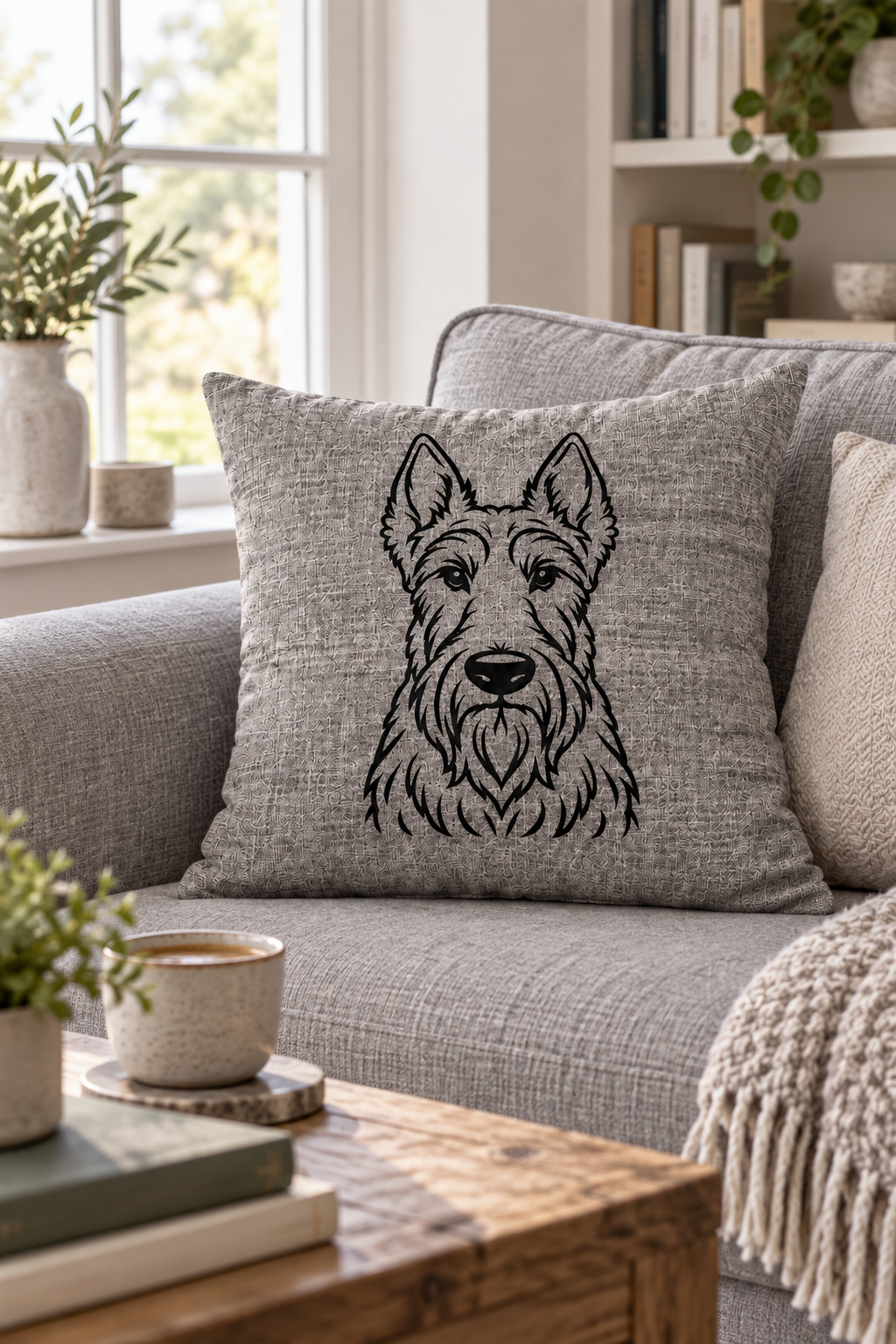 Scottish Terrier outline cushion cover in grey on a light country setting.