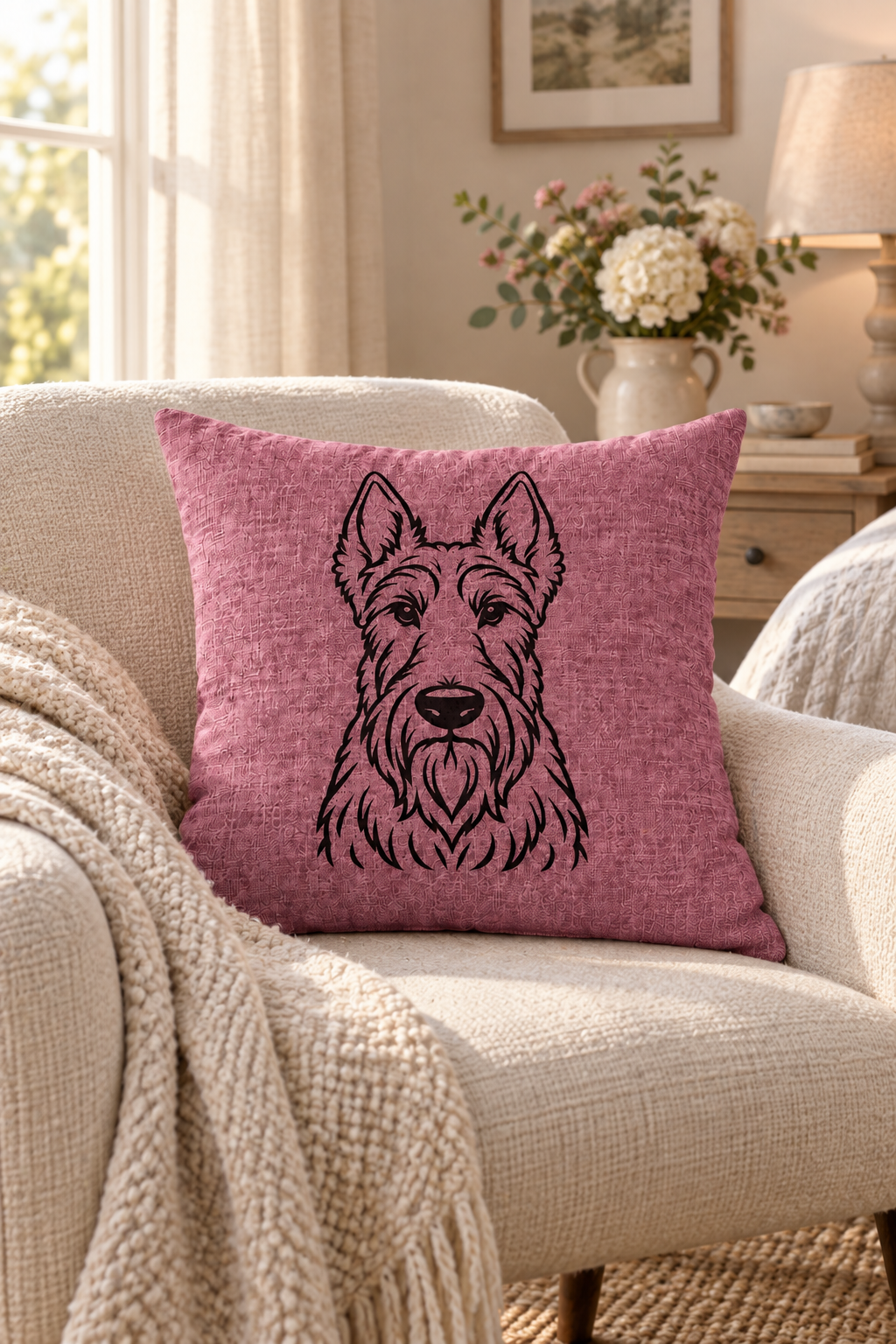 Scottish Terrier outline cushion cover in pink linen on a light country setting on cream sofa.