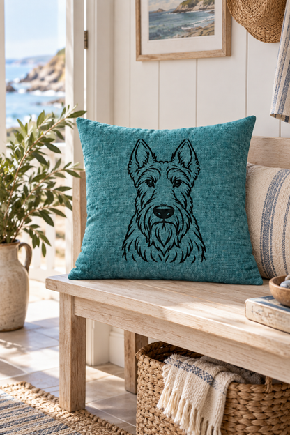 Scottish Terrier outline cushion cover in teal on a light country setting on a bench