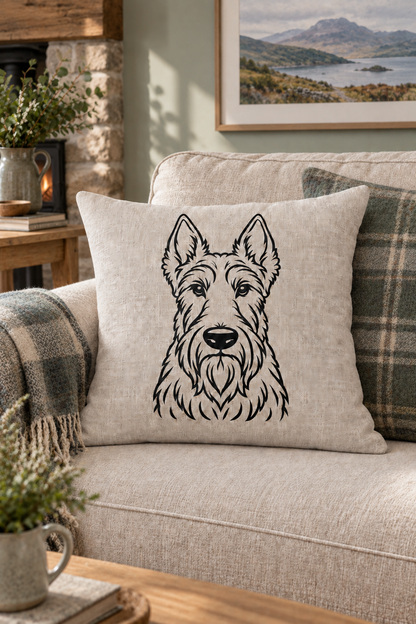 Scottish Terrier outline cushion cover in natural linen on a light country setting with scottish accents.