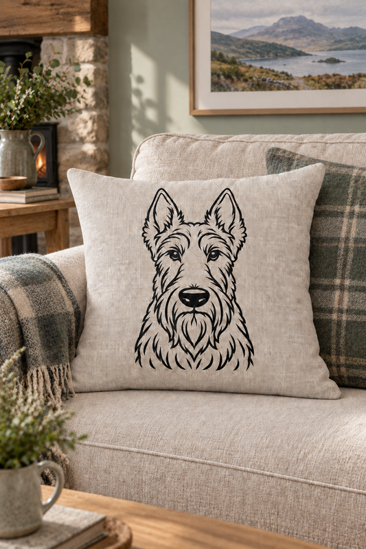 Scottish Terrier outline cushion cover in natural linen on a light country setting with scottish accents.