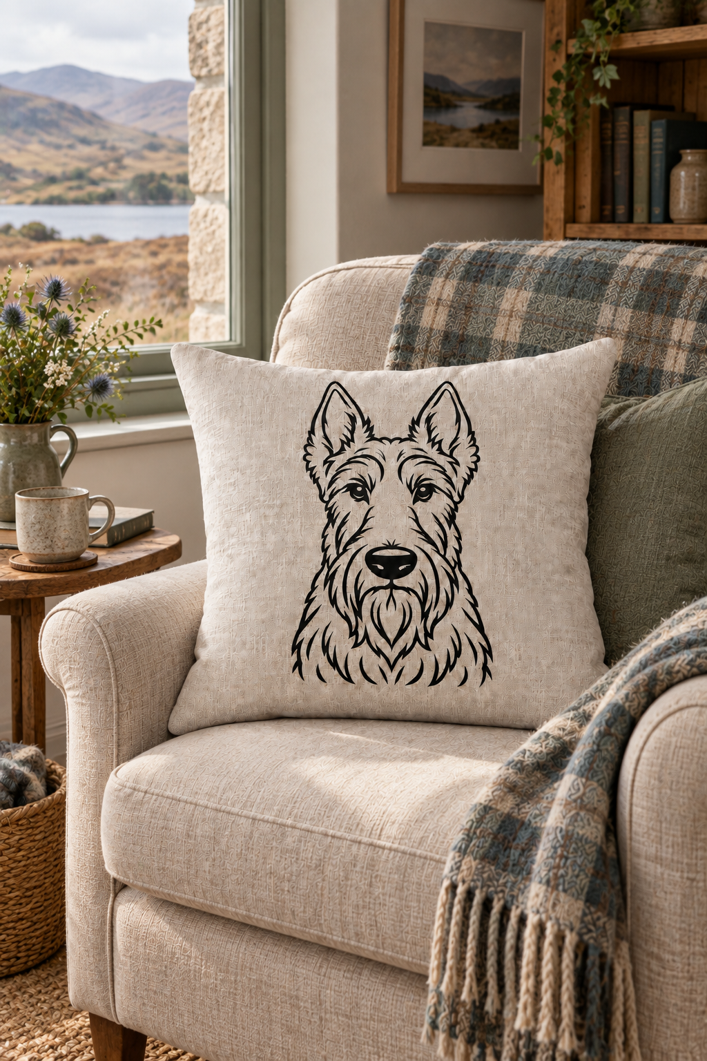 Scottish Terrier outline cushion cover in natural linen on a light country setting with scottish accents.