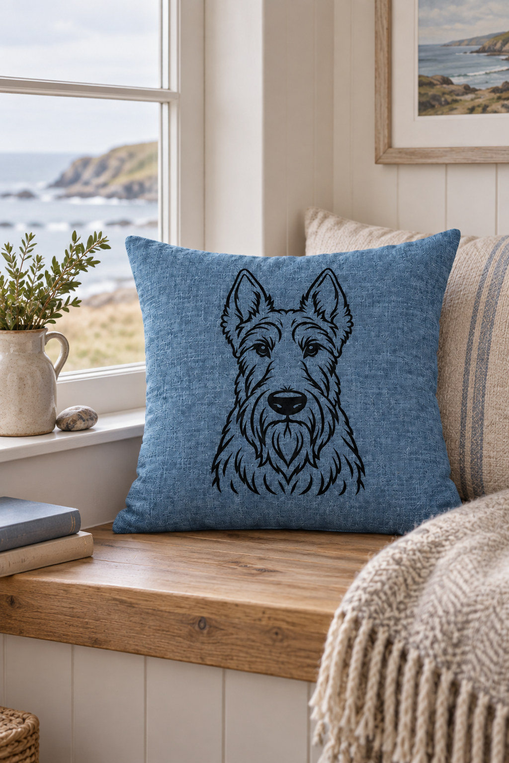 Scottish Terrier outline cushion cover in blue linen on a light country setting on window bench