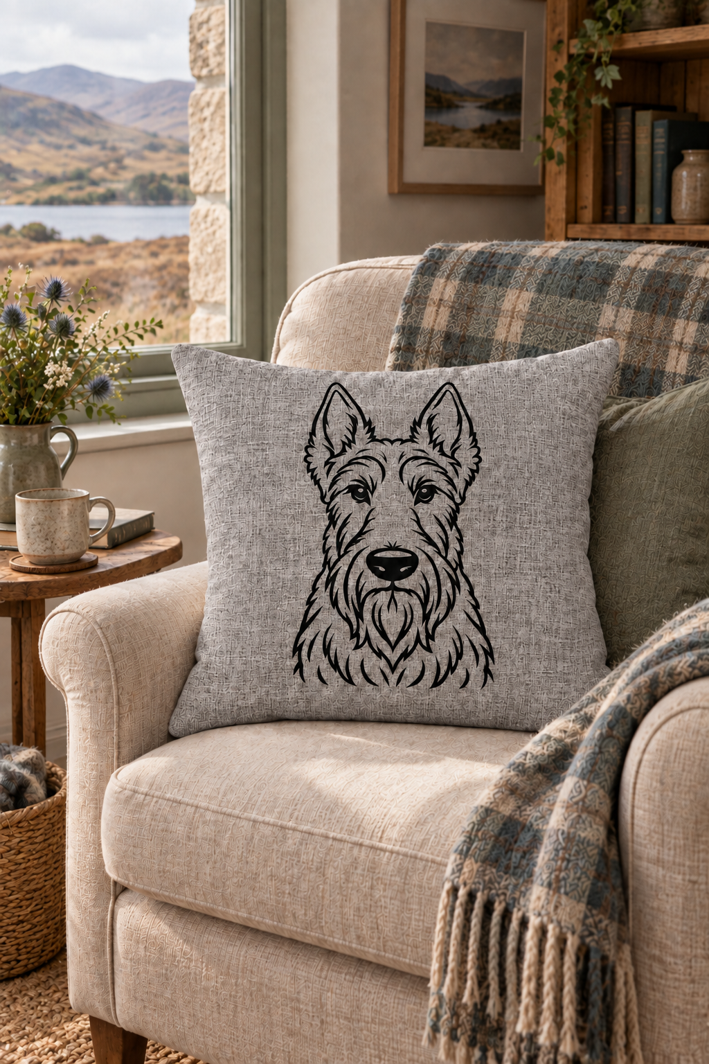 Scottish Terrier outline cushion cover in grey linen on a light country setting with scottish accents.