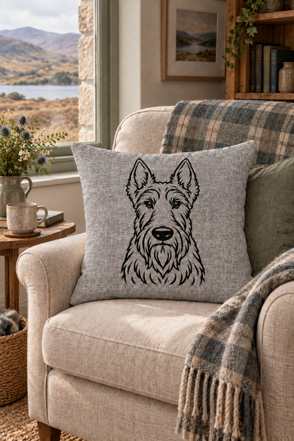 Scottish Terrier outline cushion cover in grey linen on a light country setting with scottish accents.