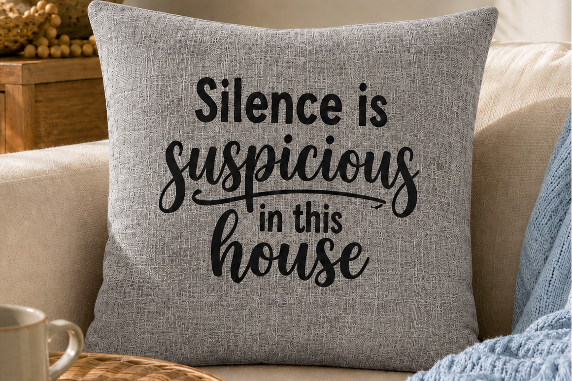 A square gray throw pillow with the text 'Silence is suspicious in this house' in black lettering, styled on a beige sofa in a cozy living room setting.