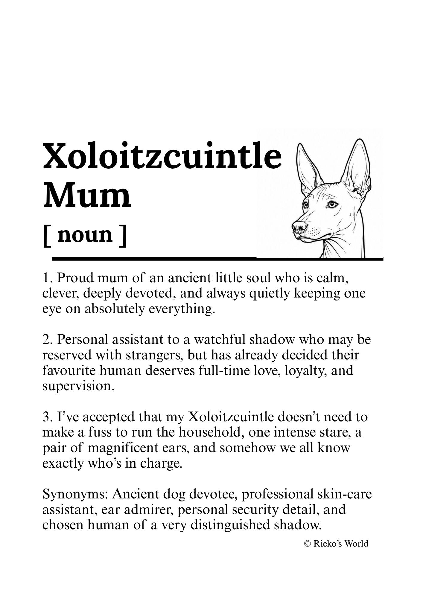 Xoloitzcuintle Dog Mum Definition print, digital download wall art for dog mums Australia | Rieko's World