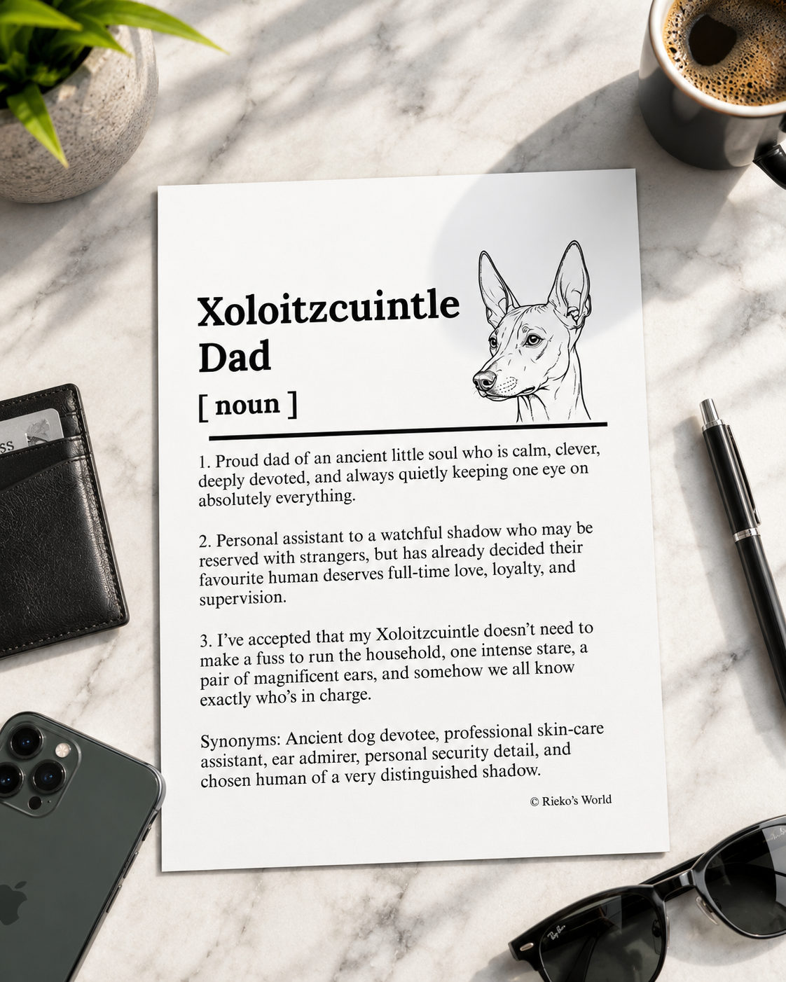 Xoloitzcuintle Dog Dad Dog Mum Definition print, digital download wall art for dog mums and dog dads Australia | Rieko's World