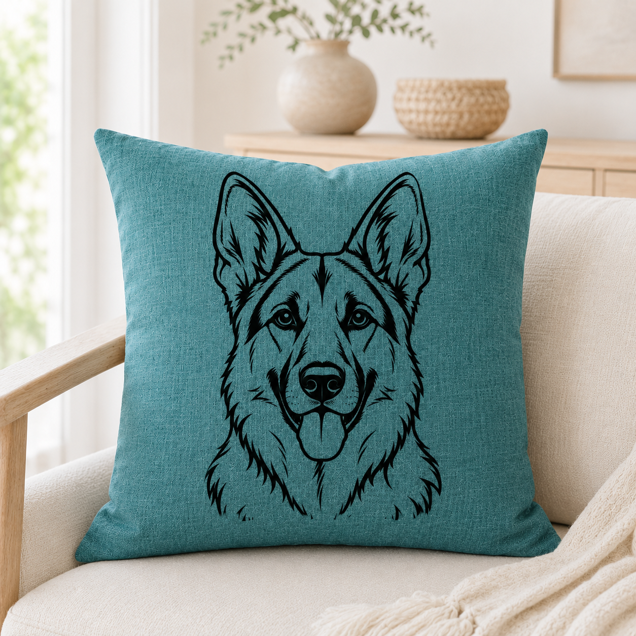 German Shepherd cushion cover in teal. A square teal throw pillow with a black line art illustration of a German Shepherd dog, resting on a beige armchair in a bright, modern living room setting.