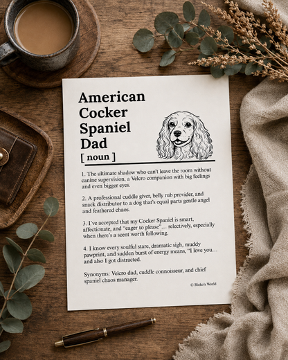 American Cocker Spaniel Dog Dad Dog Mum Definition print, digital download wall art for dog mums and dog dads Australia | Rieko's World
