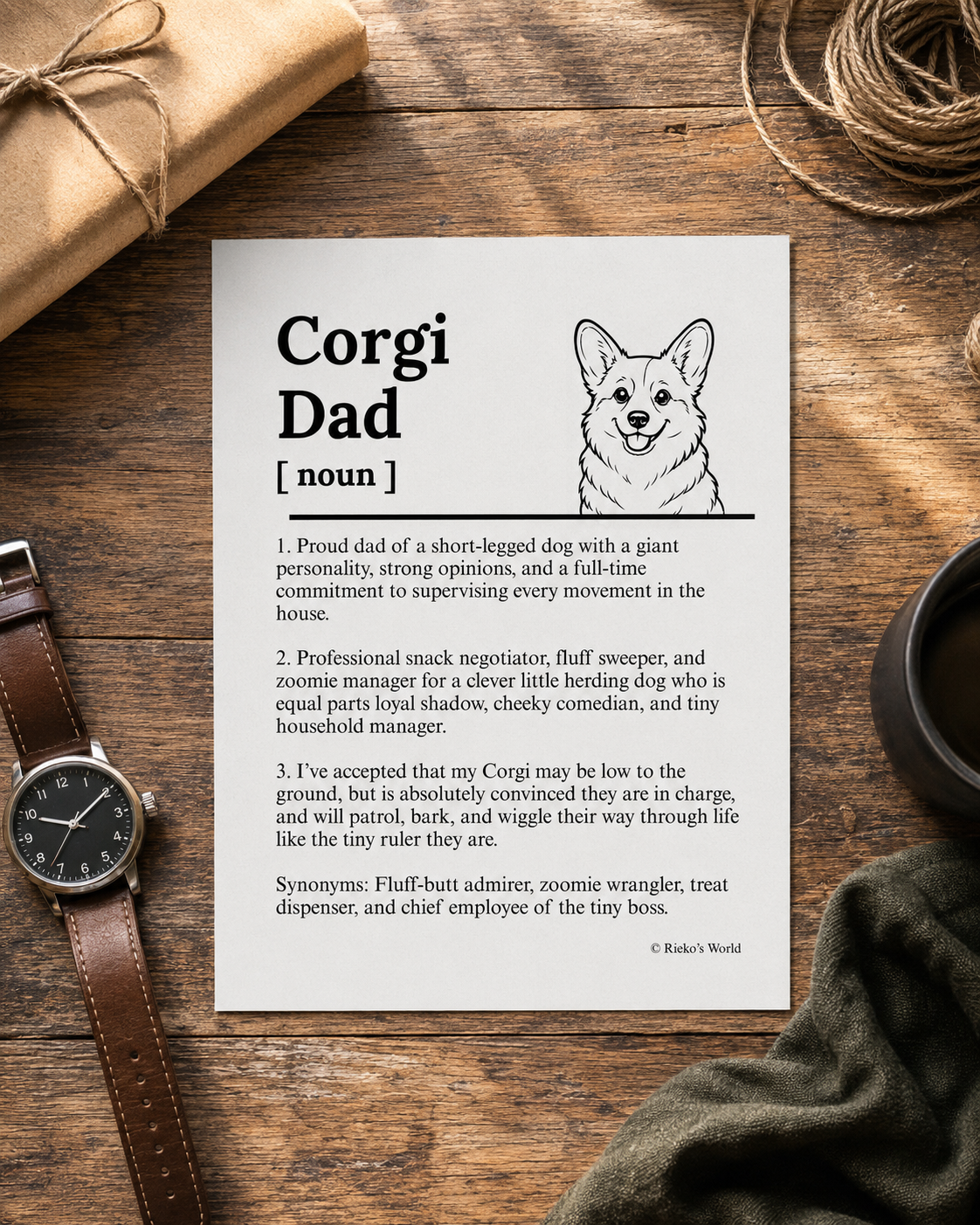Corgi Dog Dad Dog Mum Definition print, digital download wall art for dog mums and dog dads Australia | Rieko's World