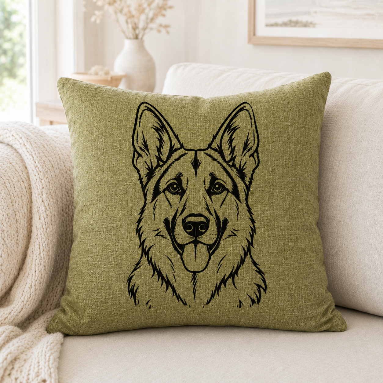 An olive green throw pillow with a black line art illustration of a German Shepherd, resting on a light beige sofa in a cozy living room setting.