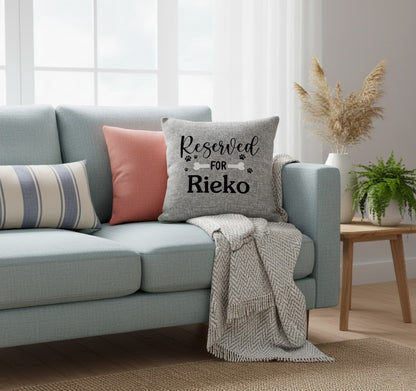 Personalised Reserved For dog name cushion cover in light grey on blue sofa — custom dog name cushion gift Australia by Rieko's World