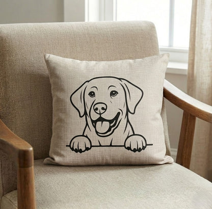Smiling Labrador peeking illustration cushion cover natural oatmeal on neutral armchair — Labrador mum home decor gift Australia by Rieko's World