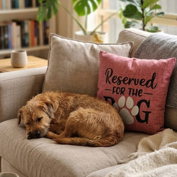 Close up of pink cushion cover product image with text Reserved for the Dog printed - gift in Australia made by Rieko's World. With dog curled up next to cushion