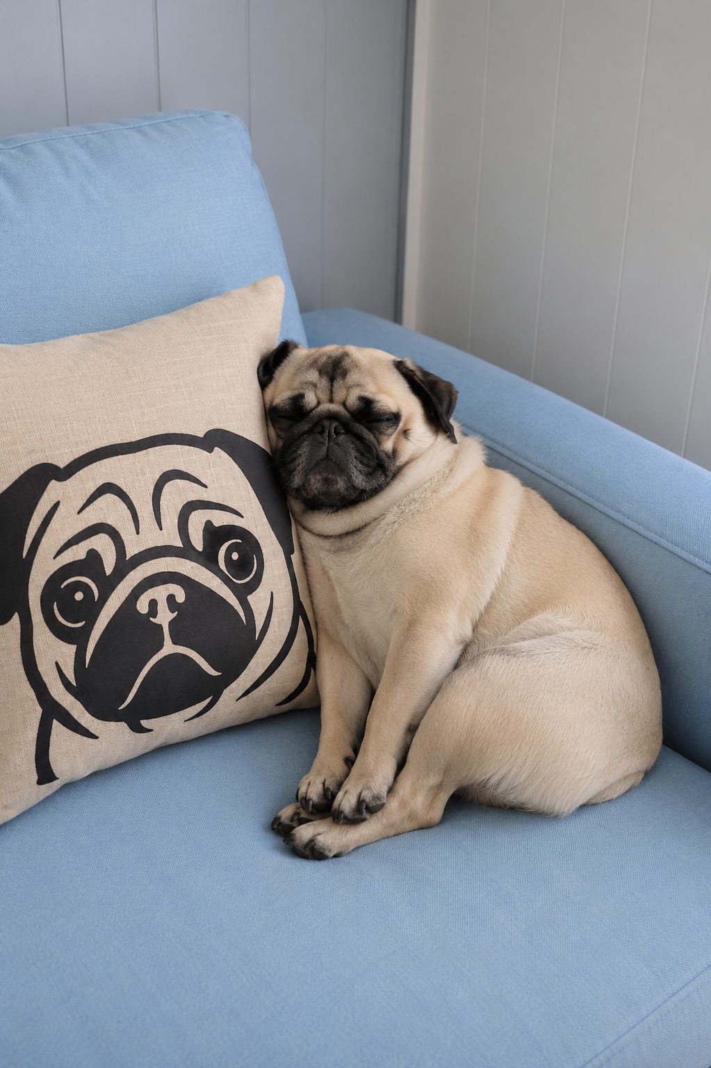Real pug dog leaning against matching pug cushion cover on blue sofa — pug mum home decor gift by Rieko's World Australia. A fawn pug sits on a light blue armchair next to a beige throw pillow printed with a black pug face.