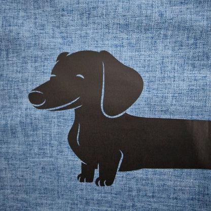 Black dachshund design on Denim blue linen-look polyester cushion cover colour swatch — Rieko's World Australia
