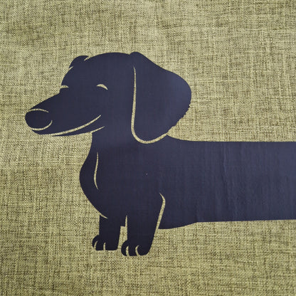 Black dachshund fun design on olive green linen-look polyester cushion cover colour swatch — Rieko's World Australia