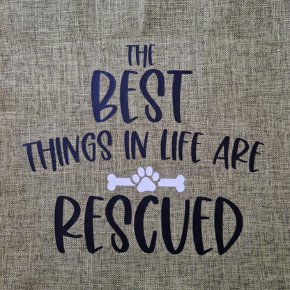 A green cushion cover with the text 'THE BEST THINGS IN LIFE ARE RESCUED' printed on it, - dog gift, Australia by Rieko's World